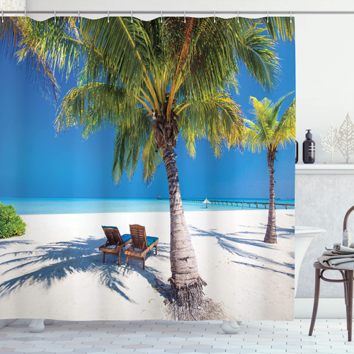Ambesonne Beach Shower Curtain, Tropical Island with Palm Trees Sunbeds Paradise Relaxation Summer Picture, Cloth Fabric Bathroom Decor Set with Hooks, 69" W x 84" L, Green Blue White