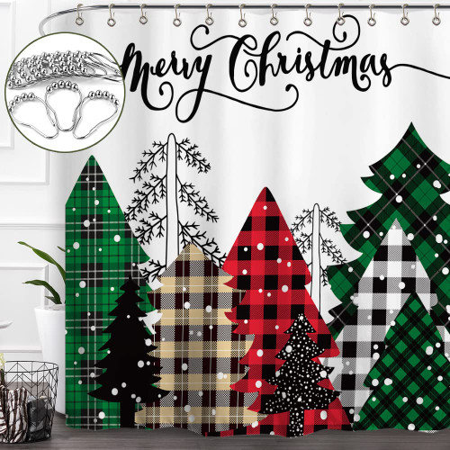 Baccessor Merry Christmas Shower Curtain Red Green Buffalo Plaid Pine Tree Snowflake Snowy Forest Winter Shower Curtain Waterproof Fabric Washable Xmas New Year Bathroom Decor with Hooks 72x72 Inch