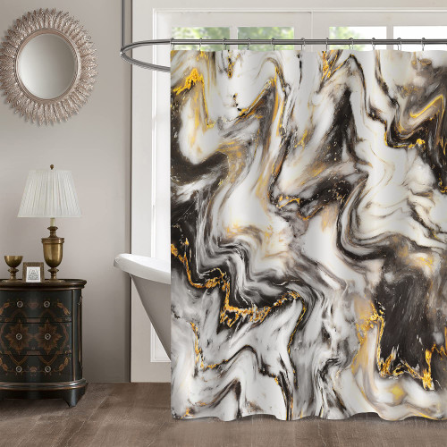 MitoVilla Black Gold Marble Shower Curtain 72 x 78, Abstract Modern Long Shower Curtain Set with Hooks, Shower Curtain for Bathroom Decor, Washable Fabric Shower Curtain for Standard Bathtub