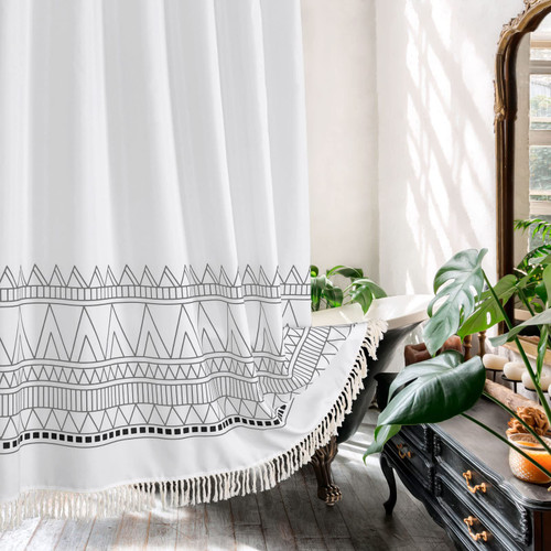 MitoVilla Black White Boho Shower Curtain 72 x 78, Tassel Long Shower Curtain Set with Hooks, Modern Washable Fabric Shower Curtain 78 inches Long, Farmhouse Shower Curtain for Bathroom Decor