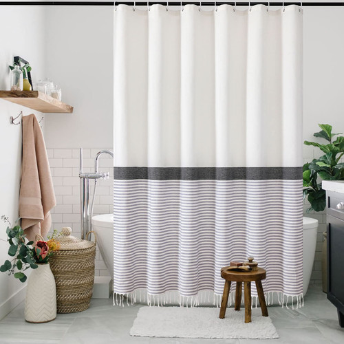 MitoVilla Boho Tan Shower Curtain 72 x 78, Striped Long Shower Curtain Set, Modern Farmhouse Fabric Shower Curtain 78 inches Long, Tassel Tribal Shower Curtain for Brown and White Bathroom Decor