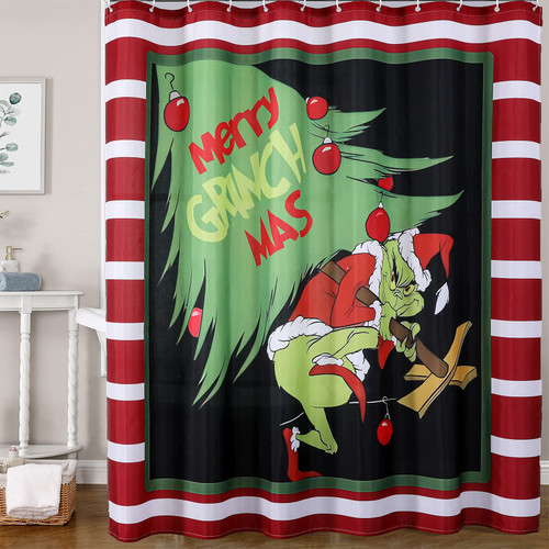 AODERTI Christmas Grinch Shower Curtain with 12 Hooks, 72''x72'' Waterproof Polyester Christmas Bathroom Decorations Shower Curtains for Bathroom, Heavy Weighted Hem, Machine Washable, Quick Dry