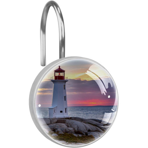 Shower Curtain Hooks, Rust Proof Shower Curtain Rings for Bathroom, Decorative Shower Curtain Hooks Hangers for Shower Curtain Rod, Lighthouse Sunrise Seaside