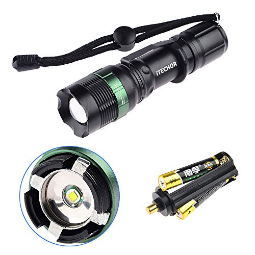 Itechor Flashlight, Water Resistant Super Bright Cree T6 800 Lumens 3-Mode LED Zoomable Flashlight Torch (Black)