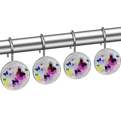 Shower Curtain Hooks, Rust Proof Shower Curtain Rings for Bathroom, Decorative Shower Curtain Hooks Hangers for Shower Curtain Rod, Psyche Abstract Art Colored Butterfly Galaxy