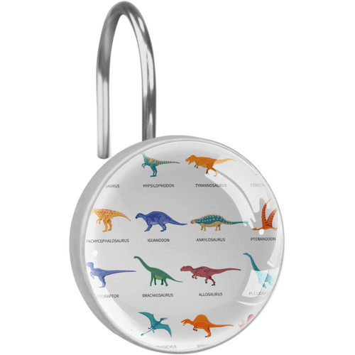 Shower Curtain Hooks, Rust Proof Shower Curtain Rings for Bathroom, Decorative Shower Curtain Hooks Hangers for Shower Curtain Rod, Cartoon Different Types of Dinosaurs