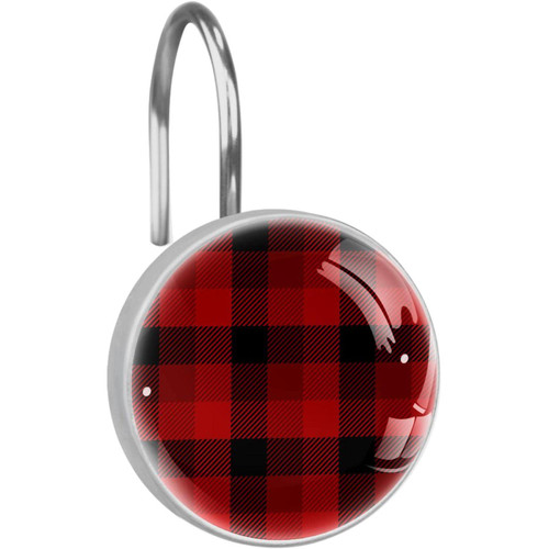 Shower Curtain Hooks, Rust Proof Shower Curtain Rings for Bathroom, Decorative Shower Curtain Hooks Hangers for Shower Curtain Rod, Red Black Plaid Retro