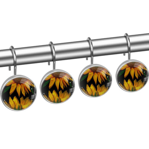 Shower Curtain Hooks, Rust Proof Shower Curtain Rings for Bathroom, Decorative Shower Curtain Hooks Hangers for Shower Curtain Rod, Sunflowers on Black