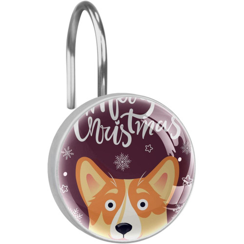 Shower Curtain Hooks, Rust Proof Shower Curtain Rings for Bathroom, Decorative Shower Curtain Hooks Hangers for Shower Curtain Rod, Set of 12, Cartoon Corgi Merry Christmas Snowflakes