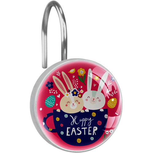 Shower Curtain Hooks, Rust Proof Shower Curtain Rings for Bathroom, Decorative Shower Curtain Hooks Hangers for Shower Curtain Rod, Happy Easter Cartoon Rabbit Egg