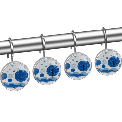 Shower Curtain Hooks, Rust Proof Shower Curtain Rings for Bathroom, Decorative Shower Curtain Hooks Hangers for Shower Curtain Rod, Modern Abstract Cartoon Christmas Tree Blue Snowflakes