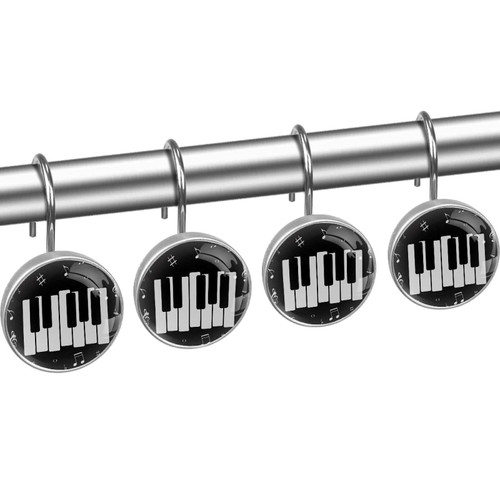 Shower Curtain Hooks, Rust Proof Shower Curtain Rings for Bathroom, Decorative Shower Curtain Hooks Hangers for Shower Curtain Rod, Set of 12, Black White Piano Musical Notes