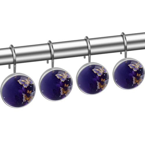 Shower Curtain Hooks, Rust Proof Shower Curtain Rings for Bathroom, Decorative Shower Curtain Hooks Hangers for Shower Curtain Rod, Butterfly Purple Golden Art Vintage