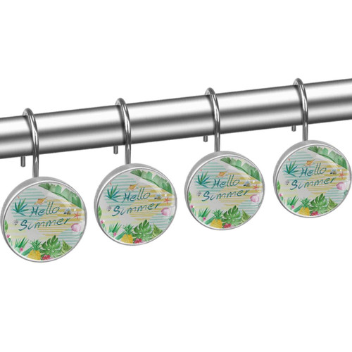 Shower Curtain Hooks, Rust Proof Shower Curtain Rings for Bathroom, Decorative Shower Curtain Hooks Hangers for Shower Curtain Rod, Hello Summer Tropical Pineapple Palm Leaf Shell