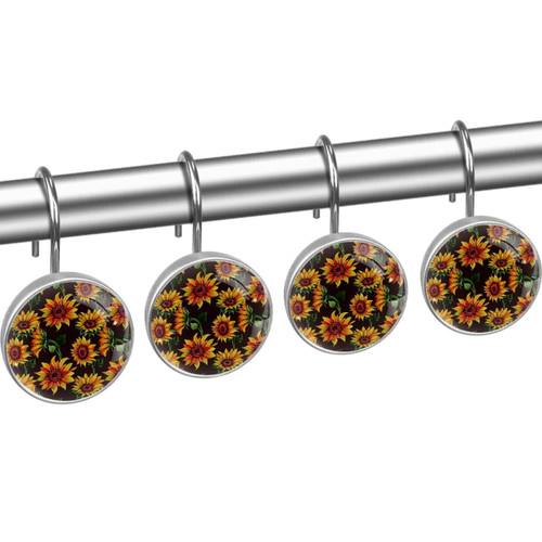Shower Curtain Hooks, Rust Proof Shower Curtain Rings for Bathroom, Decorative Shower Curtain Hooks Hangers for Shower Curtain Rod, Sunflower Floral Art Vintage Retro