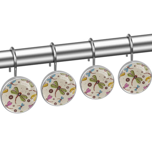 Shower Curtain Hooks, Shower Curtain Rings, Rust Proof Stainless Steel Shower Hooks for Curtain Bathroom Shower Rods, Art Dragonfly Colored Mandal Retro