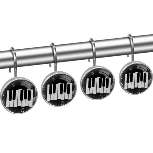 Shower Curtain Hooks, Shower Curtain Rings, Rust Proof Stainless Steel Shower Hooks for Curtain Bathroom Shower Rods, Black White Piano Musical Notes
