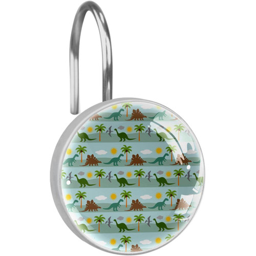 Shower Curtain Hooks, Rust Proof Shower Curtain Rings for Bathroom, Decorative Shower Curtain Hooks Hangers for Shower Curtain Rod, Set of 12, Dinosaur Coconut Tree Cartoon