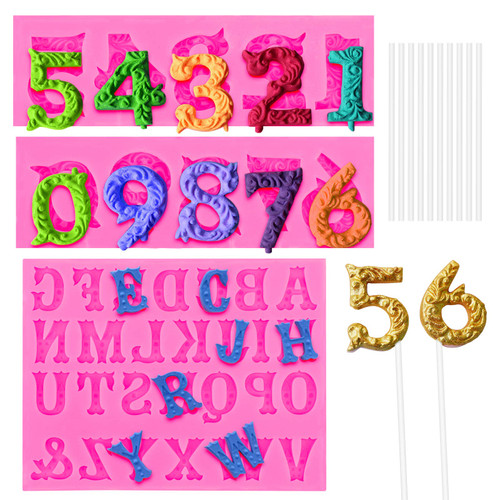 SelfTek Number 0-9 & Alphabet A-Z Silicone Fondant Number/Letter Mold 10Pcs Lollipop Sticks Candy Number Mold Letter Chocolate Mold Cake Craft Decoration Tools for Birthday Graduation Anniversary