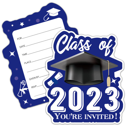 RZHV 15 Pack Blue Class of 2023 Graduation Hat Shaped Fill-In Invitations Cards With Envelopes for Graduate Students, Funny Graduation Party Grad Party Hats Off Grad Graduation Party Invite