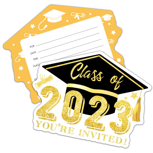 RZHV 15 Pack Gold Glitter Class of 2023 Graduation Hat Shaped Fill-In Invitations Cards With Envelopes for Graduate Students, Funny Graduation Party Grad Party Hats Off Grad Invite