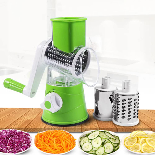 Kitchen Things Rotary Cheese Grater with handle Round Slicer, Handheld Hashbrown Shredder with 3 Drum Blades, Grinder for Potato, Carrot, Vegetables, Nuts, Zucchini (Green)