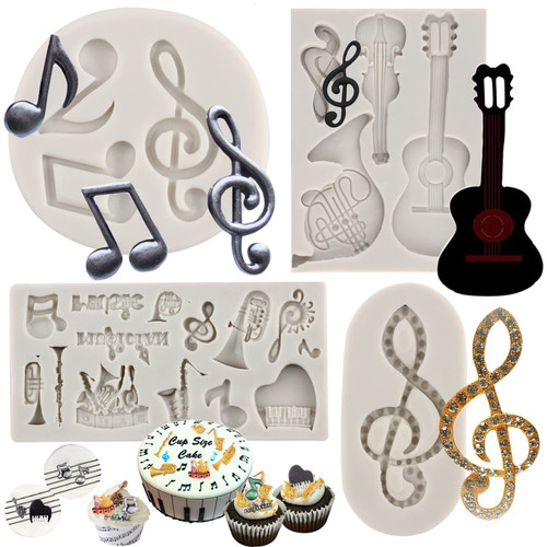Sijiangmold Music Note Fondant Mold Guitar Mold Mini Musical Instruments Silicone Candy Mold For Cake Decorating Cupcake Topper Candy Gum Paste Polymer Clay Set Of 4