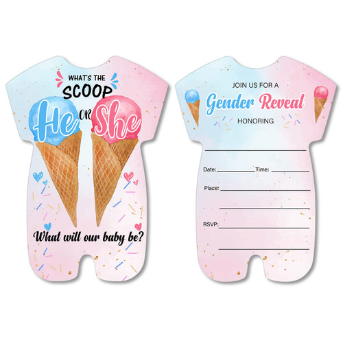 Ice Cream Gender Reveal Party Invitation with Envelopes Set of 20 Blue Pink Gender Neutral Baby Shower Shaped Invitations Fill in Blank Invites