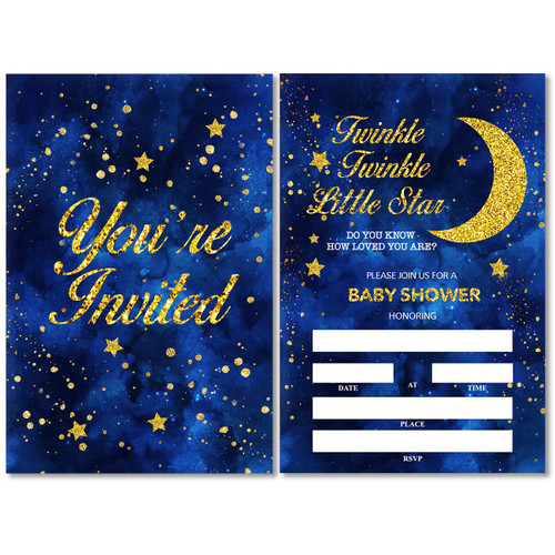 Watercolor Twinkle Twinkle Little Star Gold Glitter Baby Shower Party Invitations with Envelopes Set of 20 Blue Gold Foil Baby Shower Party Invites