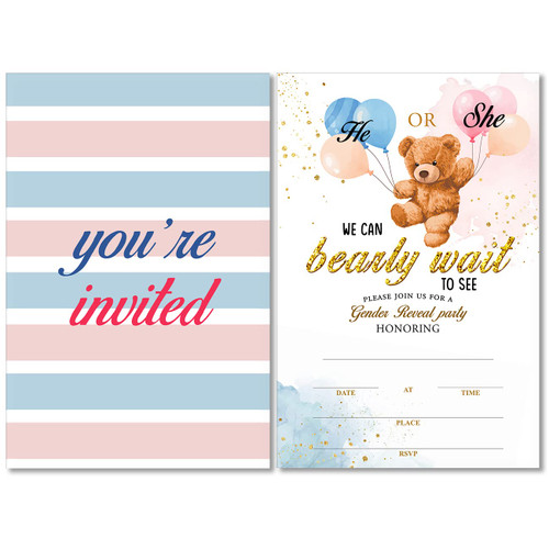 He or She Bear Gender Reveal Invitations with Envelopes Set of 20 Boy or Girl We Can Bearly Wait Gender Reveal Party Invites He or She Bear Gender Reveal Invitations with Envelopes Set of 20 Boy or Girl We Can Bearly Wait Gender Reveal Party Invites