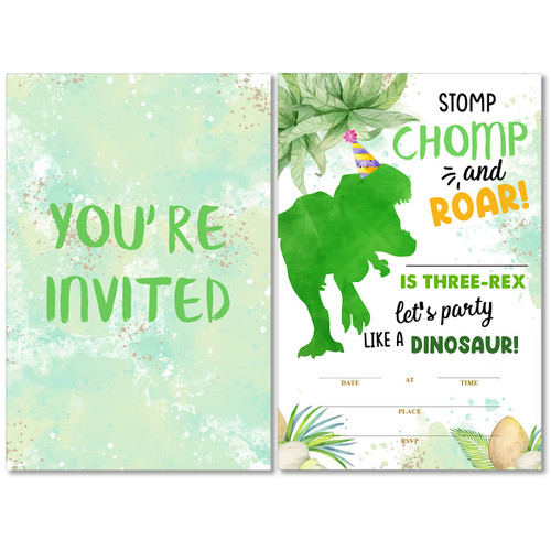 Soiceu Cute Dinosaur Three-Rex Birthday Party Invitations with Envelopes Set of 20 Boy Dino Three Rex 3 Years Old Third Birthday Party Invites