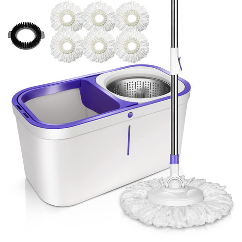 Midyb Spin Mop and Bucket for Floor Cleaning, 360 Spinning Mop Bucket System, Microfiber Floors Mops and Bucket Set with 5 Replacement Mop Heads&1 Brush Head