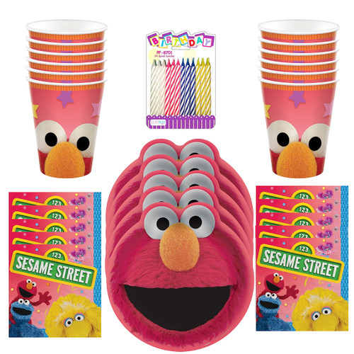 Sesame Street Party Supplies Pack Serves 16: Elmo 7" Dessert Plates Beverage Napkins and Cups - Includes Birthday Birthday Candles (Bundle for 16)