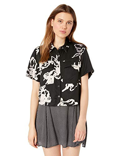 RVCA Junior's VOILA Cropped Woven Short Sleeve Shirt, Black, XS