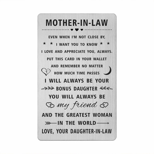 SOUSYOKYO Mother in Law Gifts - to My Mother in Law Birthday Card, Best Mother in Law gifts from Daughter-in-law, Personalized Mother's Day Card GIft for Mother-in-Law, Christmas Present to The Mother-in-Law Metal Wallet Card SOUSYOKYO Mother in Law Gifts - to My Mother in Law Birthday Card, Best Mother in Law gifts from Daughter-in-law, Personalized Mother's Day Card GIft for Mother-in-Law, Christmas Present to The Mother-in-Law Metal Wallet Card