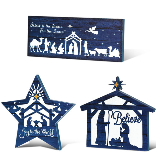 3 Pcs Christmas Table Decorations Jesus Nativity Set Table Signs Nativity Scene Table Centerpieces Wooden Block Xmas Believe Sign Rustic Farmhouse Christian Decorations for Home Tiered Tray Holiday