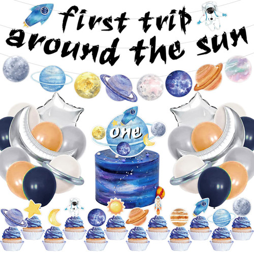 ZCPTZ First Trip Around The Sun Birthday Decorations Include Outer Space 1st Birthday Banner, Planet Banner, Cake Cupcake Topper Solar System Party Balloons for Baby Shower Galaxy Party Supplies
