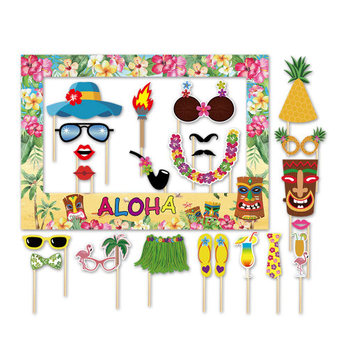 SWYOUN Tropical Theme Decorations Photo Booth Props Hawaiian Frame Picture Props Summer Flamingo Pineapple Photo Props Luau Party Supplies(Pack of 23)