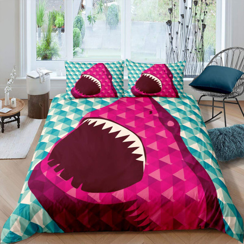 Girls Shark Duvet Cover Chic Ocean Creature Bedding Set Pink Teal Triangle Geometry Comforter Cover for Kids Teens Bedroom Decor Abstract Marine Sealife Bedspread Cover Full Size 3Pcs