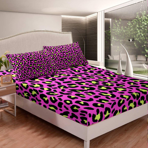 Leopard Print Bed Sheet Set Girly Chic Cheetah Print Bedding Set for Kids Children Teens Wild Animal Theme Fitted Sheet Luxury Bright Pink Black Decor Bed Cover Full Size