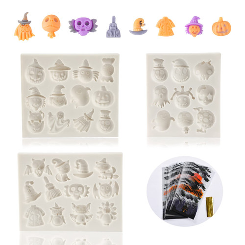 3PCS Halloween Silicone Molds, Pumpkin Owl Ghost Hat Shape Silicone Fondant Molds for DIY Chocolate, Cake, Pudding, Ice Cream, Epoxy Resin Mould (Pumpkin Owl Ghost Hat Molds with 60 Candy Bags)