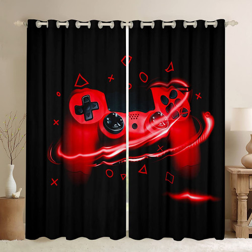 Feelyou Video Game Gamepad Curtains Red Gaming Curtain for Boys Bedroom Living Room 42W x 63L Inches Teens Kids Gamer Modern Controller Home Decor Window Drapes Treatment Set of 2 Panels Black