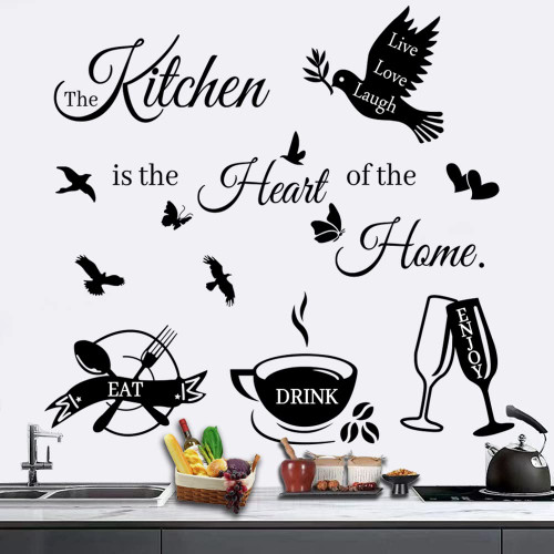 Black Kitchen Wall Decals Wall Art Sticker Word Saying Lettering The Kitchen is The Heart of Home Wall Decor Stickers for Kitchen Room Dining Room Living Room Office School Coffee Shop Restaurant Home Decor.