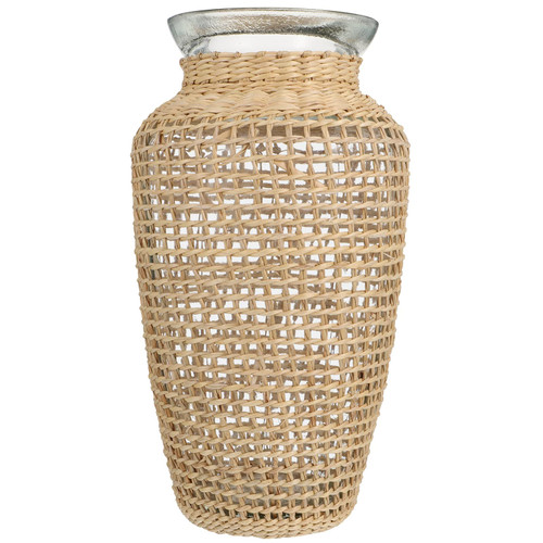 VOSAREA Glass Flower Vase with Rattan Cover Round Flower Bud Vase Decorative Floral Vase Container Farmhouse Flower Bottle for Floral Arrangements Wedding Table Centerpiece Decor VOSAREA Glass Flower Vase with Rattan Cover Round Flower Bud Vase Decorative Floral Vase Container Farmhouse Flower Bottle for Floral Arrangements Wedding Table Centerpiece Decor