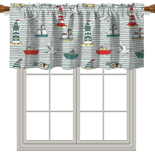 Fanjanmey Lighthouse Nautical Theme Window Curtain Valance Rod Pocket,Wavy Pattern Privacy Decorative Rod Pocket Short Winow Valance Curtains,Teal Red,52" by 18"
