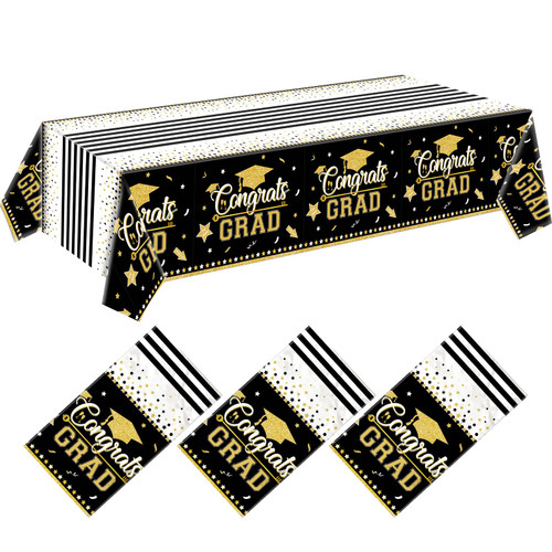Graduation Tablecloth Party Decorations, 3 Pack Class of 2023 Congrats Grad Black and Gold Disposable Rectangle Table Covers Large Plastic Table Cloth for College High School Party Supplies, 54"x108"