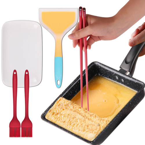 PLYXQ Tamagoyaki Japanese Omelette Pan,Nonstick Egg Pan Skillet,PFOA-Free,Japanese Kitchen Accessories,Rectangle Tamago Pan Small Frying Pan with Cooking Tools,7" x 5",Black