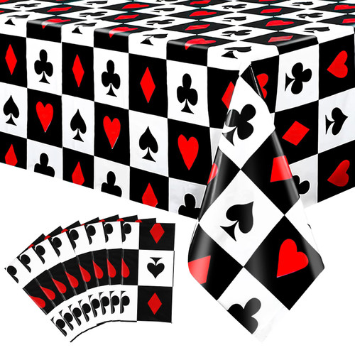 Tatuo 8 Pcs Casino Theme Party Decorations Poker Table Cover Casino Themed Party Supplies Las Vegas Game Night Decorations Plastic Disposable Tablecloth for Birthday Picnic Playing Card, 54 x 108''