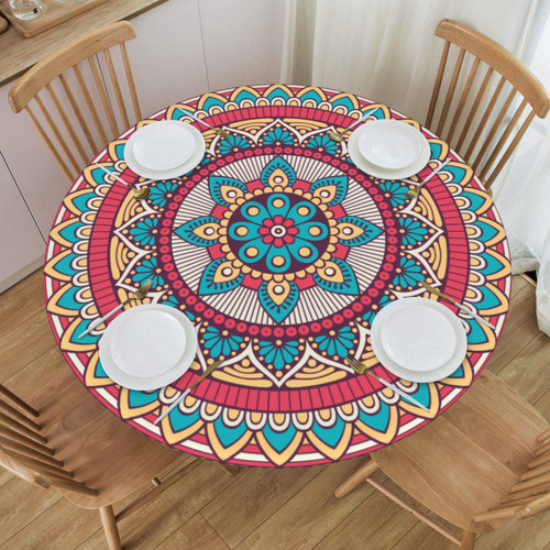 FATTTYCY Round Table Cloth Indian Mandala Flower Tablecloth Elastic Edge Fitted Table Cover Fits Tables Up to 45"-50" Diameter
