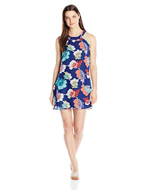 Speechless Junior's Floral Halter Shift Dress, Navy Seafoam X-Small